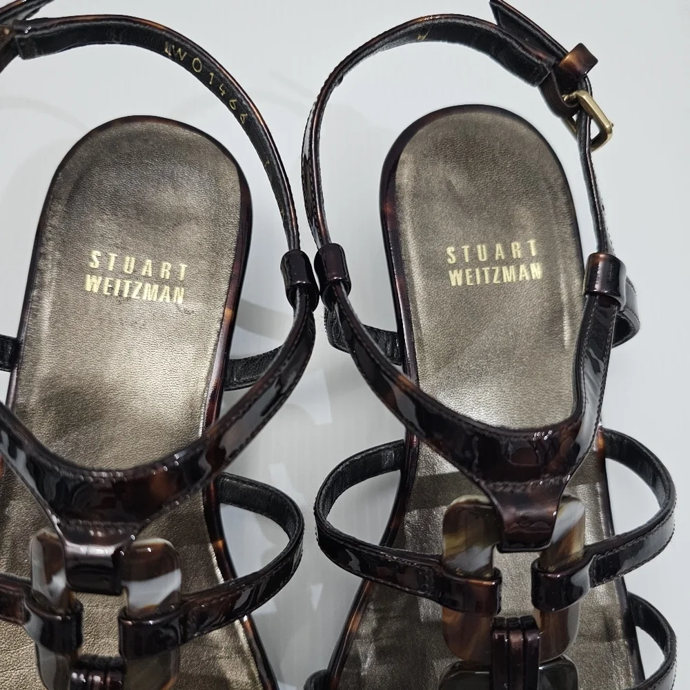 Stuart Weitzman Sandal Women 7 WIDE Tortoise Shell Brown Leather Strappy Wedge